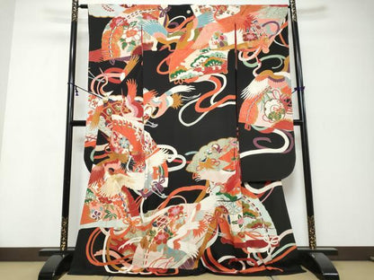 平和屋本店●アンティーク　大正ロマン　振袖　刺繍　扇面飛鶴花文　黒地　正絹　逸品　DABK0351ud