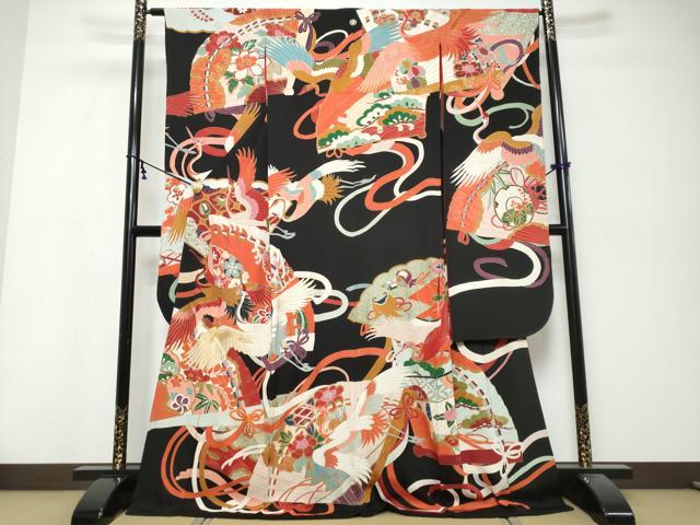 平和屋本店●アンティーク　大正ロマン　振袖　刺繍　扇面飛鶴花文　黒地　正絹　逸品　DABK0351ud