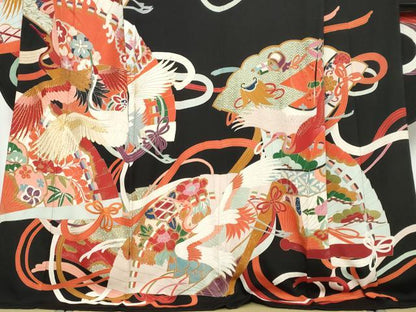 平和屋本店●アンティーク　大正ロマン　振袖　刺繍　扇面飛鶴花文　黒地　正絹　逸品　DABK0351ud