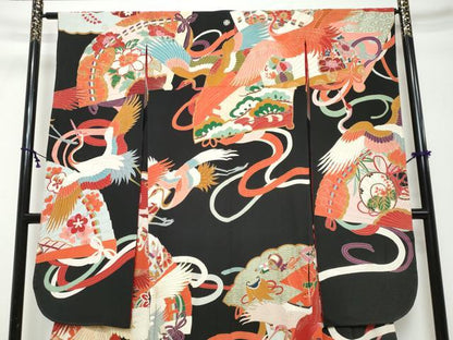 平和屋本店●アンティーク　大正ロマン　振袖　刺繍　扇面飛鶴花文　黒地　正絹　逸品　DABK0351ud
