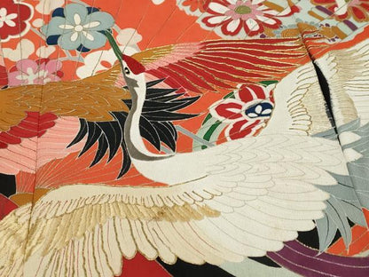 平和屋本店●アンティーク　大正ロマン　振袖　刺繍　扇面飛鶴花文　黒地　正絹　逸品　DABK0351ud