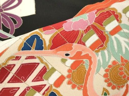平和屋本店●アンティーク　大正ロマン　振袖　刺繍　扇面飛鶴花文　黒地　正絹　逸品　DABK0351ud