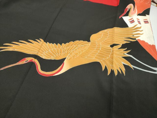 平和屋本店●アンティーク　大正ロマン　振袖　刺繍　扇面飛鶴花文　黒地　正絹　逸品　DABK0351ud
