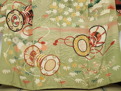 平和屋本店●アンティーク　大正ロマン　振袖　駒刺繍　鼓草花文　正絹　逸品　DABK0352ud