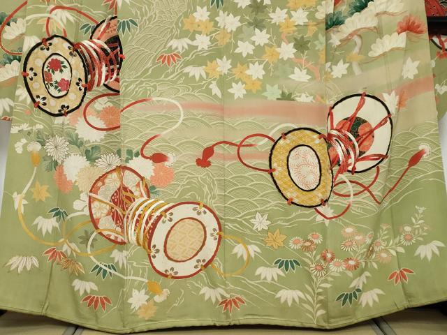 平和屋本店●アンティーク　大正ロマン　振袖　駒刺繍　鼓草花文　正絹　逸品　DABK0352ud