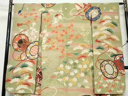 平和屋本店●アンティーク　大正ロマン　振袖　駒刺繍　鼓草花文　正絹　逸品　DABK0352ud