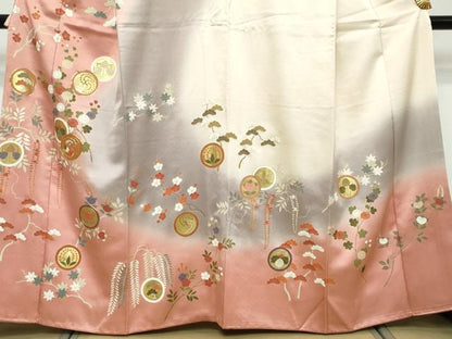 平和屋着物●訪問着　駒刺繍　花鳥丸文　暈し染め　金彩　正絹　逸品　DABK0360ud