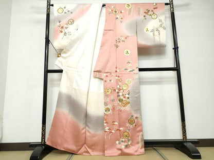 平和屋着物●訪問着　駒刺繍　花鳥丸文　暈し染め　金彩　正絹　逸品　DABK0360ud