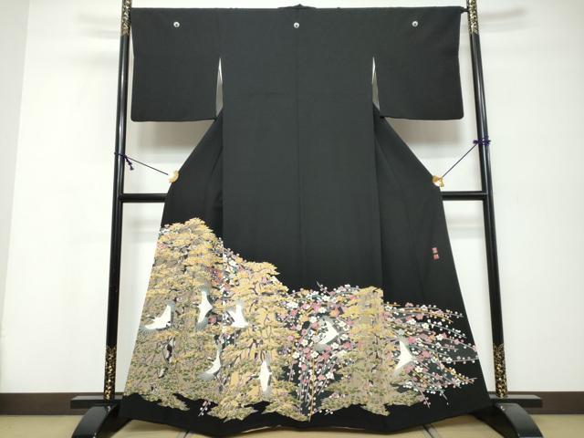 平和屋着物●本加賀友禅作家　百貫華峰　黒留袖　飛鶴草花文　正絹　逸品　DABK0374ud