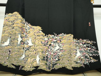 平和屋着物●本加賀友禅作家　百貫華峰　黒留袖　飛鶴草花文　正絹　逸品　DABK0374ud