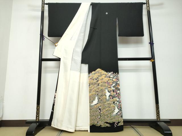 平和屋着物●本加賀友禅作家　百貫華峰　黒留袖　飛鶴草花文　正絹　逸品　DABK0374ud