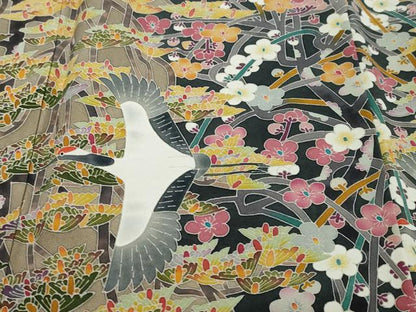平和屋着物●本加賀友禅作家　百貫華峰　黒留袖　飛鶴草花文　正絹　逸品　DABK0374ud
