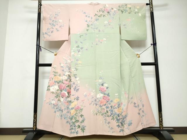 平和屋着物●訪問着　友禅　作家物　草花文　暈し染め　正絹　逸品　DABK0377ud