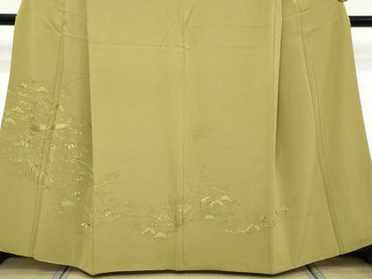 平和屋着物●中国三大刺繍　スワトウ刺繍　汕頭刺繍　総刺繍　無地絵羽訪問着　御所車風景草花文　根岸色　正絹　逸品　DABK0389ud
