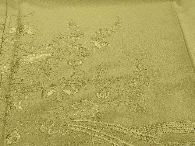 平和屋着物●中国三大刺繍　スワトウ刺繍　汕頭刺繍　総刺繍　無地絵羽訪問着　御所車風景草花文　根岸色　正絹　逸品　DABK0389ud