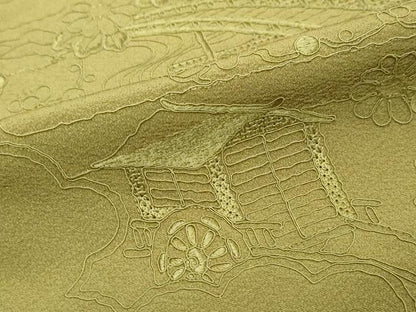 平和屋着物●中国三大刺繍　スワトウ刺繍　汕頭刺繍　総刺繍　無地絵羽訪問着　御所車風景草花文　根岸色　正絹　逸品　DABK0389ud