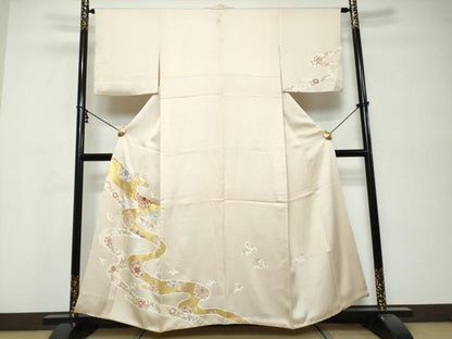 平和屋着物●訪問着　駒刺繍　道長草花文　金彩　正絹　逸品　DABK0393ud
