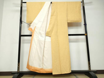 平和屋着物●上質な色無地　枝葉地紋　萱草色　正絹　逸品　DABK0394ud