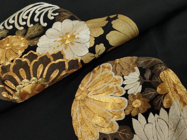 平和屋着物●豪華黒留袖　駒刺繍　草花丸文　金彩　正絹　逸品　DABK0402ud