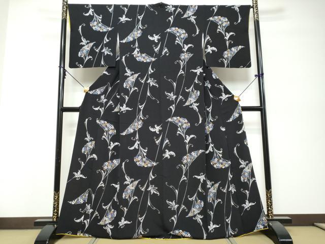 平和屋着物●上質な小紋　草花文　黒地　鬼しぼ縮緬　正絹　逸品　DABK0404ud