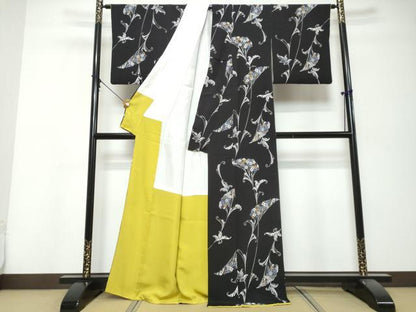 平和屋着物●上質な小紋　草花文　黒地　鬼しぼ縮緬　正絹　逸品　DABK0404ud