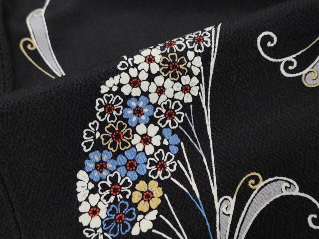 平和屋着物●上質な小紋　草花文　黒地　鬼しぼ縮緬　正絹　逸品　DABK0404ud