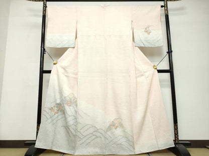 平和屋着物▼訪問着　総絞り　駒刺繍　遠山草花文　正絹　逸品　DABK0408ud