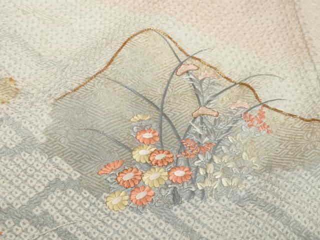 平和屋着物▼訪問着　総絞り　駒刺繍　遠山草花文　正絹　逸品　DABK0408ud