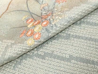 平和屋着物▼訪問着　総絞り　駒刺繍　遠山草花文　正絹　逸品　DABK0408ud