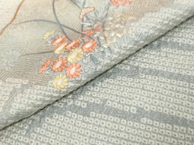 平和屋着物▼訪問着　総絞り　駒刺繍　遠山草花文　正絹　逸品　DABK0408ud