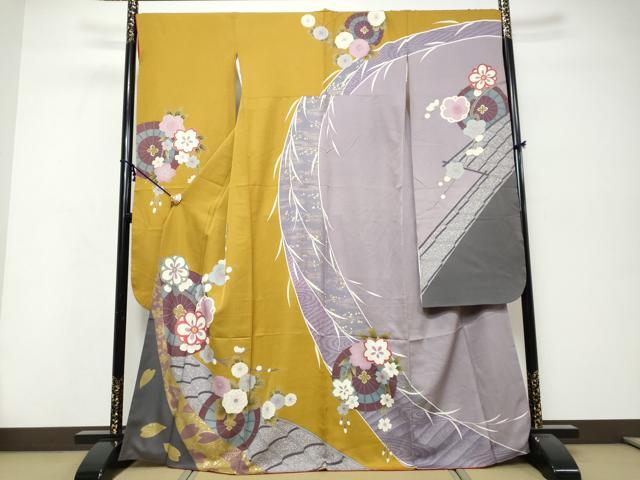 平和屋着物●豪華振袖　片輪車草花文　金彩　正絹　逸品　DABK0431ud