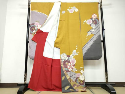 平和屋着物●豪華振袖　片輪車草花文　金彩　正絹　逸品　DABK0431ud
