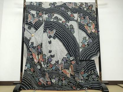 平和屋着物●豪華振袖　絞り　花蝶文　黒地　金銀彩　正絹　逸品　DABK0436ud