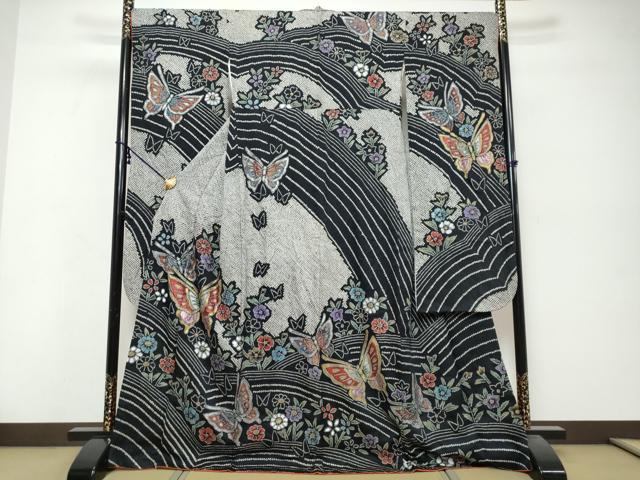 平和屋着物●豪華振袖　絞り　花蝶文　黒地　金銀彩　正絹　逸品　DABK0436ud