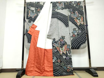 平和屋着物●豪華振袖　絞り　花蝶文　黒地　金銀彩　正絹　逸品　DABK0436ud