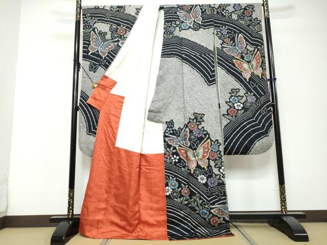 平和屋着物●豪華振袖　絞り　花蝶文　黒地　金銀彩　正絹　逸品　DABK0436ud