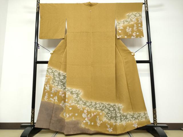 平和屋着物●訪問着　流水草花文　鬼しぼ縮緬　正絹　逸品　DABK0438ud