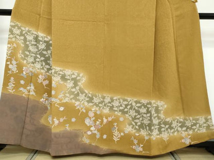 平和屋着物●訪問着　流水草花文　鬼しぼ縮緬　正絹　逸品　DABK0438ud