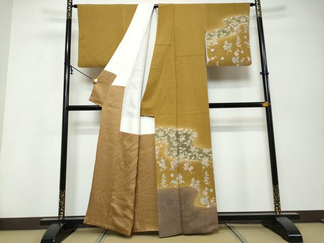 平和屋着物●訪問着　流水草花文　鬼しぼ縮緬　正絹　逸品　DABK0438ud