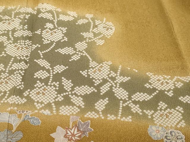 平和屋着物●訪問着　流水草花文　鬼しぼ縮緬　正絹　逸品　DABK0438ud
