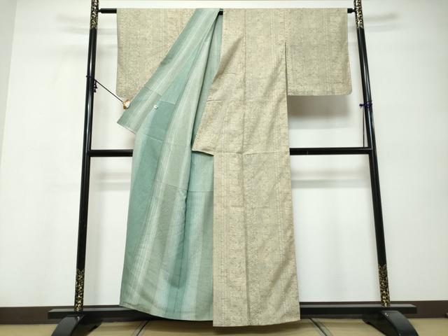 平和屋着物▼上質な小紋　紬地　型染め　草花間道　正絹　逸品　DABK0443ud