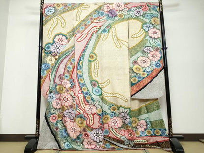平和屋着物●豪華振袖　駒刺繍　鹿の子草花文　金彩　正絹　逸品　DABK0453ud