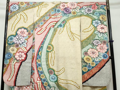 平和屋着物●豪華振袖　駒刺繍　鹿の子草花文　金彩　正絹　逸品　DABK0453ud
