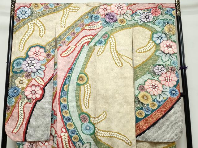 平和屋着物●豪華振袖　駒刺繍　鹿の子草花文　金彩　正絹　逸品　DABK0453ud