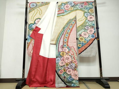 平和屋着物●豪華振袖　駒刺繍　鹿の子草花文　金彩　正絹　逸品　DABK0453ud