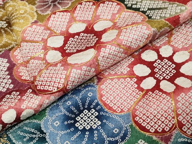 平和屋着物●豪華振袖　駒刺繍　鹿の子草花文　金彩　正絹　逸品　DABK0453ud