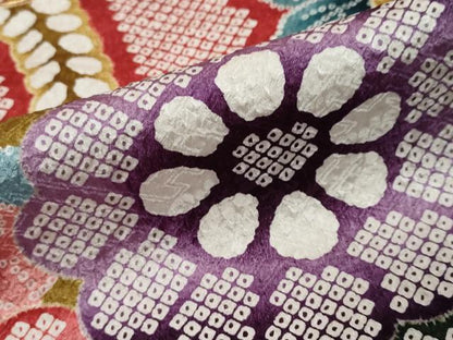 平和屋着物●豪華振袖　駒刺繍　鹿の子草花文　金彩　正絹　逸品　DABK0453ud