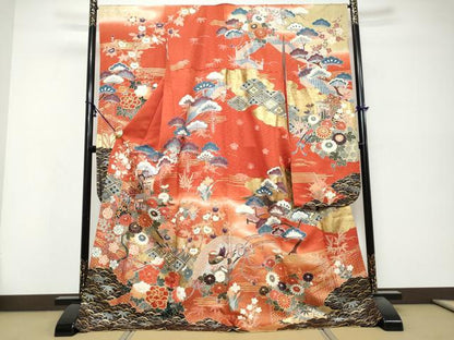 平和屋着物●豪華振袖　駒刺繍　御所車鴛鴦花文　暈し染め　金彩　正絹　逸品　DABK0454ud