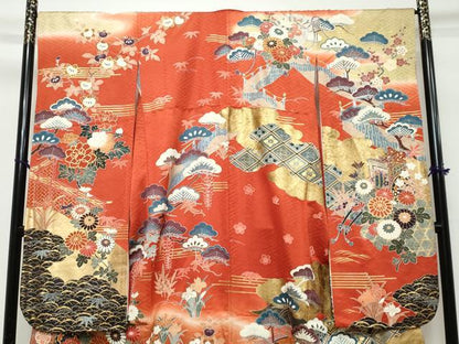平和屋着物●豪華振袖　駒刺繍　御所車鴛鴦花文　暈し染め　金彩　正絹　逸品　DABK0454ud