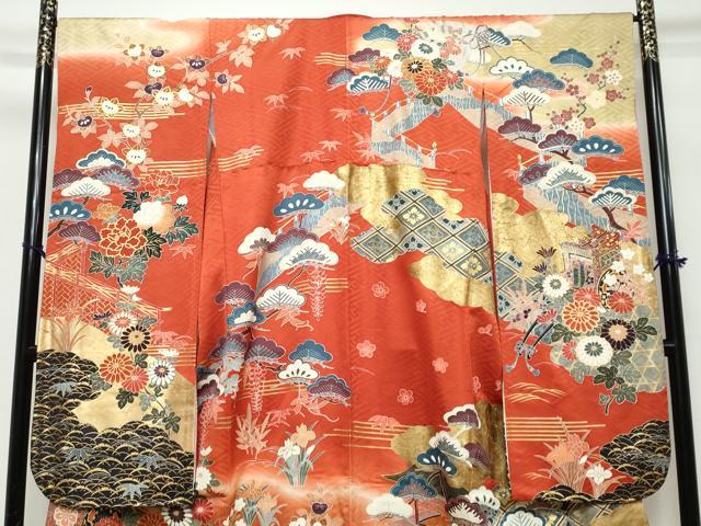 平和屋着物●豪華振袖　駒刺繍　御所車鴛鴦花文　暈し染め　金彩　正絹　逸品　DABK0454ud